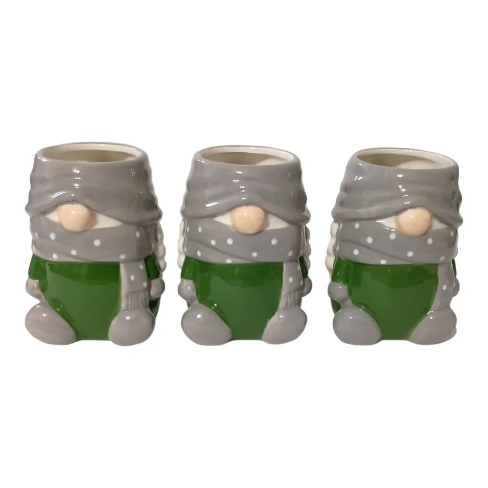Pottery Barn Gnome Gnomette‎ Mug Set x 3 Ceramic Holiday Gray Green Polka Dots